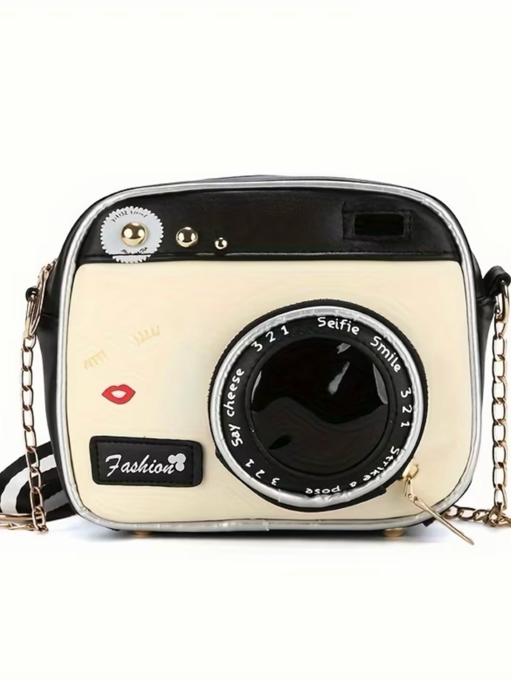 Target Camera-Shaped Crossbody Bag in Cream, Black and Gold